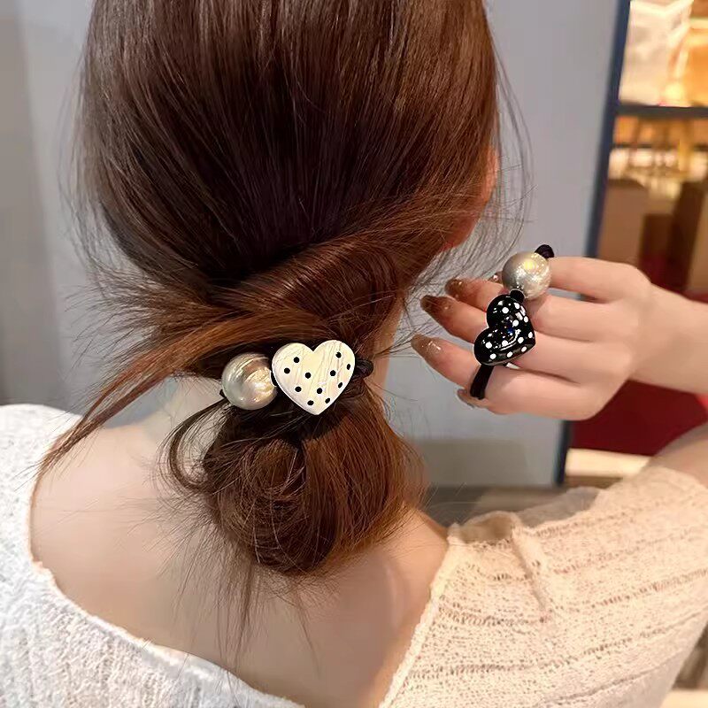 高级感时尚复古波点爱心珍珠头绳丸子头饰皮筋女扎头发圈马尾发绳