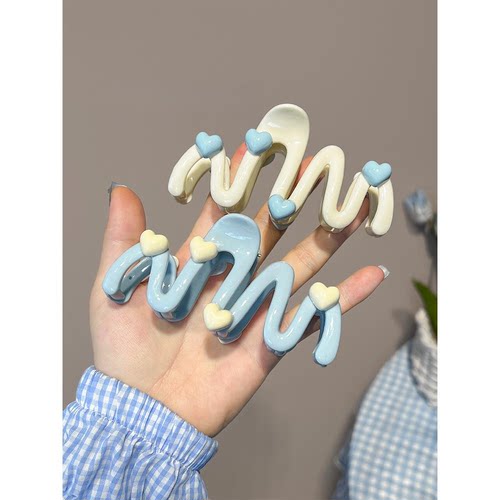 奶油蓝爱心波浪发夹女后脑勺盘发抓夹鲨鱼夹子可爱发卡头饰夏清新