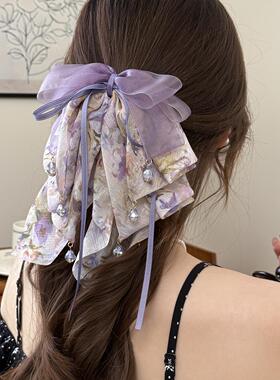 仙女风紫色碎花蝴蝶结马尾夹2025显发量后脑抓夹中式高贵典雅发夹
