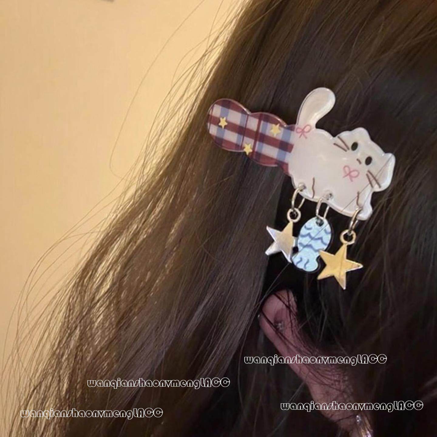 小猫咪格子·星星小鱼吊坠发夹可爱少女心侧边刘海碎发夹发卡头饰