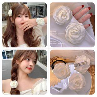 山茶花发夹白色玫瑰花侧边花朵发饰复古小香风发卡头绳女头饰配饰