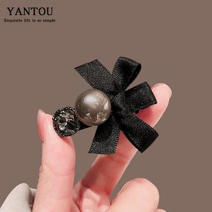 侧边丝绒黑色蝴蝶结珍珠刘海发夹女前额秋冬高级感一字夹2025新款