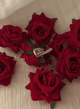 复古红色玫瑰发夹女侧边花夹子写真拍照饰品发卡网红发饰发夹头饰