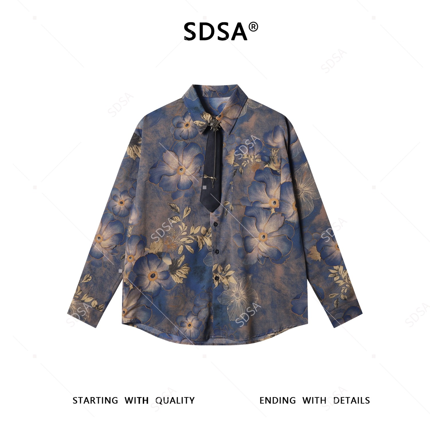 SDSA男士秋冬新款痞帅男装潮牌扎染植物花卉领带休闲长袖衬衫百搭,男装,衬衫,淘宝优惠券,粉丝福利购,淘宝优惠卷