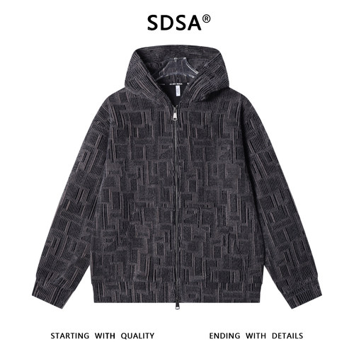 SDSA男士秋冬新款痞帅男装潮牌绒毛提花拉链抽绳连帽卫衣开衫外套