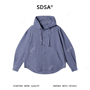 SDSA男士春夏新款痞帅男装潮牌时尚撞色格子抽绳连帽衬衫外套百搭