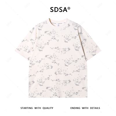 SDSA夏季新款男士痞帅撞色满印竹叶设计圆领短袖T恤国风上衣T4239