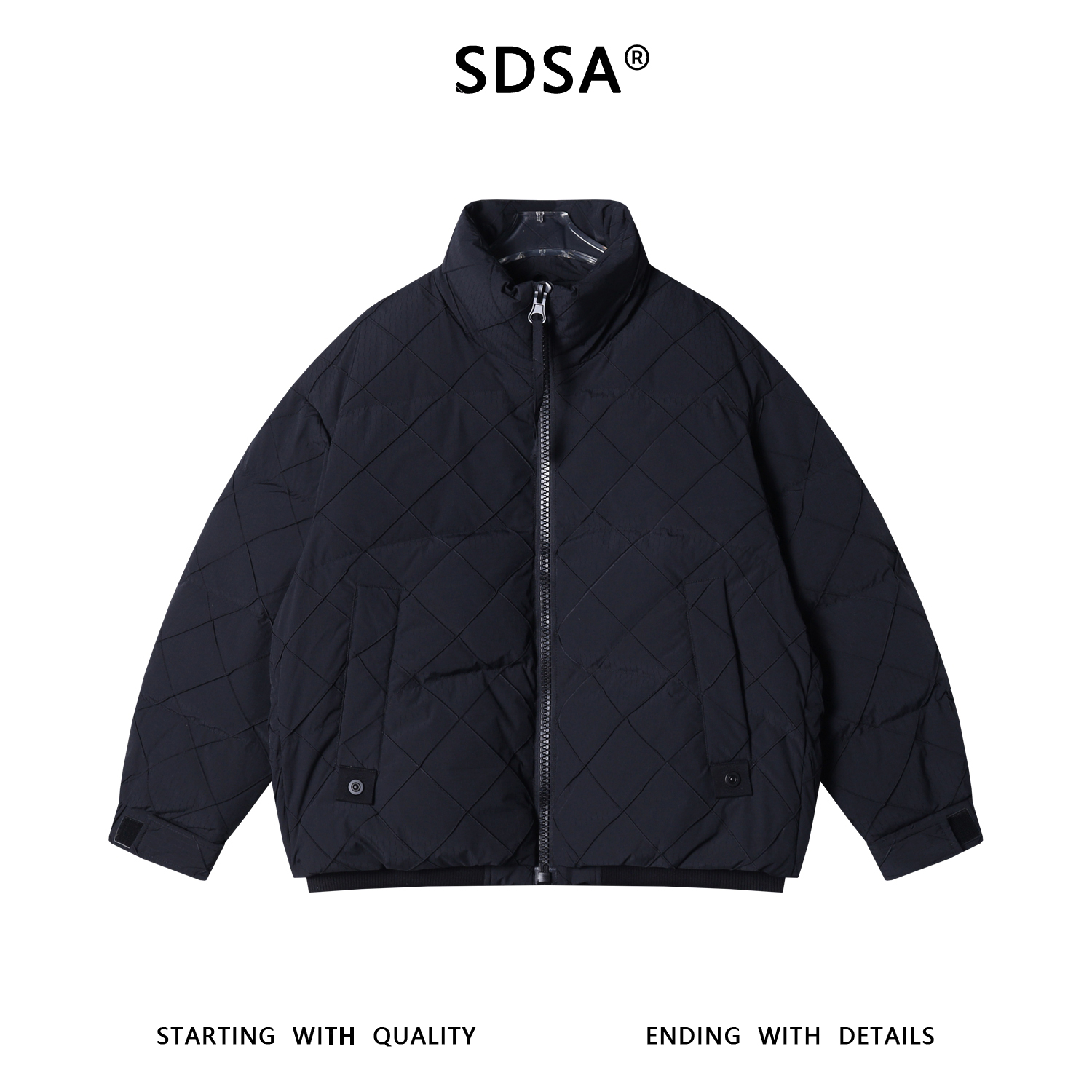 SDSA男士秋冬新款痞帅男装简约褶皱菱形格拉链立领羽绒服外套宽松