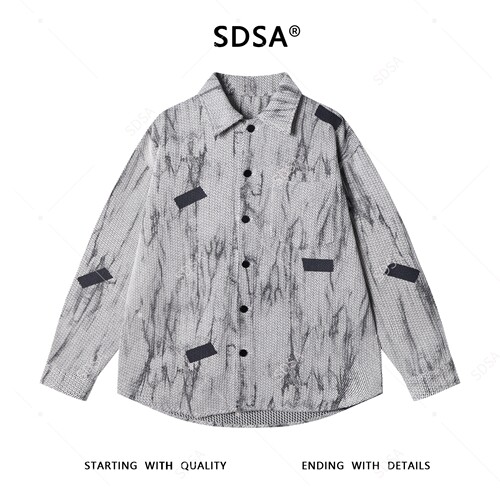 SDSA新款痞帅男装潮牌水墨扎染翻领长袖衬衫百搭时尚衬衣C56198