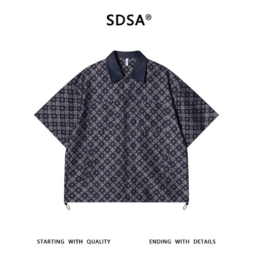 SDSA男装2026新款高贵轻奢复古美式满印花卉拼接翻领短袖衬衫百搭