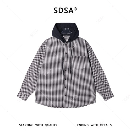 SDSA男士春夏新款痞帅男装衬潮牌小格子拼接连帽衬衫百搭宽松衬衣