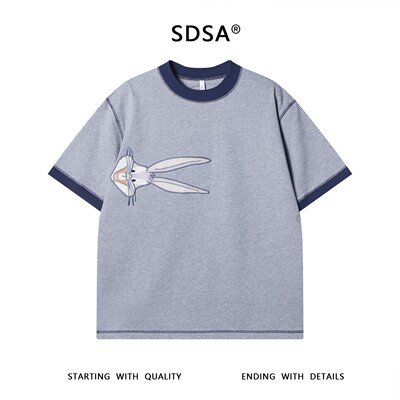 T3418高级感新款潮牌撞色刺绣兔子圆领短袖T恤百搭宽松设计师上衣