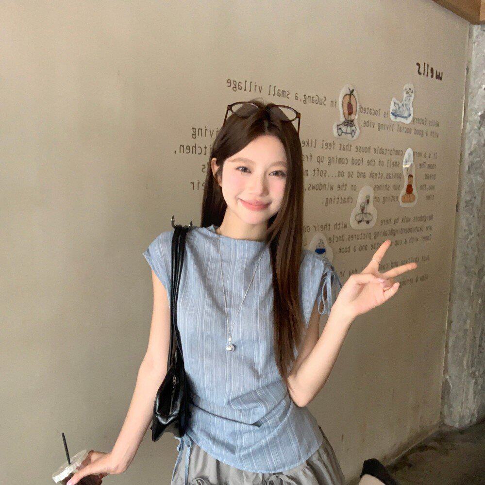 甜美套装抽绳系带小飞袖T恤女2025夏季新款高腰花苞半身裙两件套