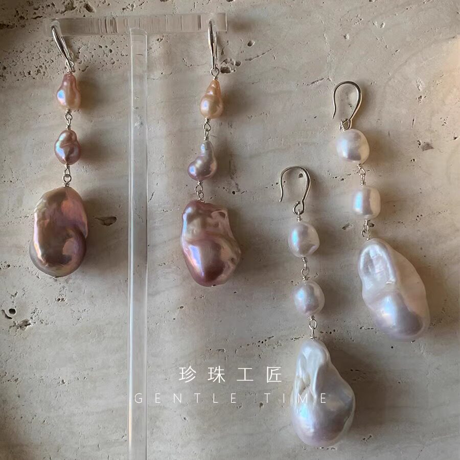 双色耳钩 经典三珠中长 淡水巴洛克珍珠耳环 Jil Sande同款 极简
