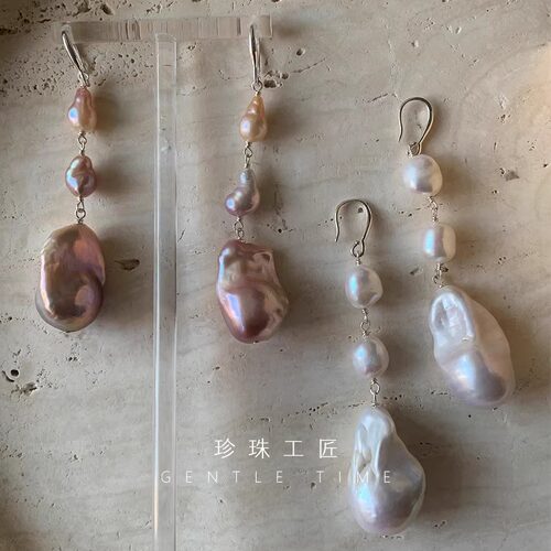 双色耳钩 经典三珠中长 淡水巴洛克珍珠耳环 Jil Sande同款 极简