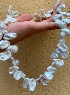 Gentle Time 银蓝天然淡水不规则巴洛克花瓣珍珠项链