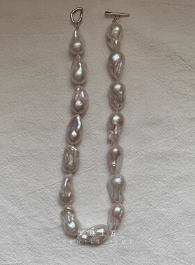 鱼尾大巴 极光银蓝 OT扣天然淡水巴洛克项链 女款锁骨链