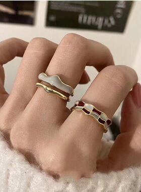 法式复古独特设计滴釉棋盘格戒指女小众百搭时尚个性双层指环