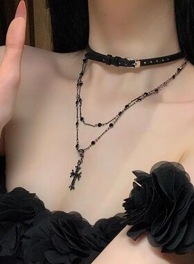 黑色十字架choker女长款叠戴y2k项链配饰女感锁骨链甜酷颈链