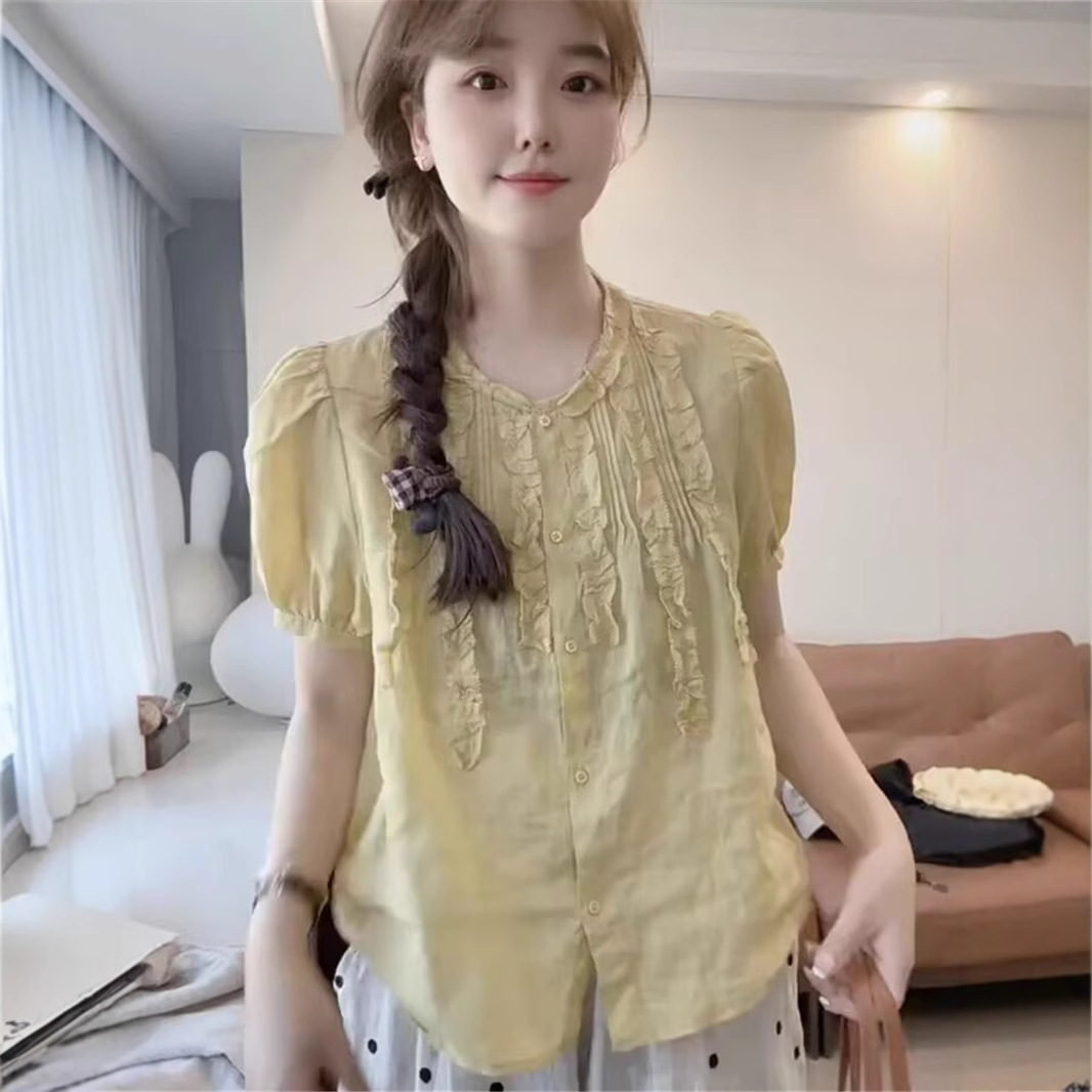 短袖衬衫女夏季流行超好看小衫2025新款爆款衬衣法式气质棉麻