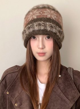 费尔岛风提花卷边针织堆堆帽子女2026年冬季显脸小针织毛线帽冷帽