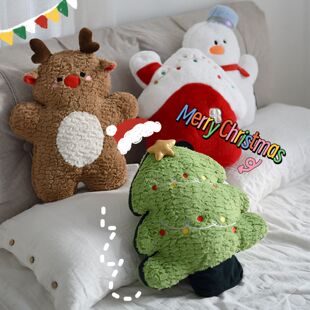 雪人抱枕公仔圣诞节靠枕毛绒圣诞树麋鹿靠垫卧室沙发节日装饰礼物