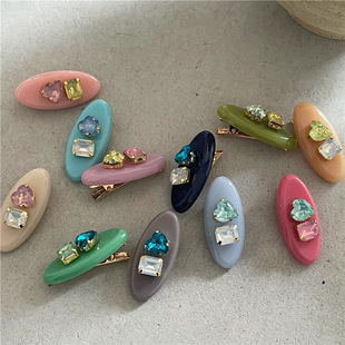 时尚 少女心彩色侧边刘海夹鸭嘴夹 撞色几何方形爱心水钻发夹边夹