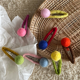 甜美少女水滴碎发刘海夹BB夹韩版 奶油色系 羊毛毡毛球发夹边夹