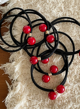 甜美少女 红色樱桃珠子发圈 时尚大红串珠发绳黑色马尾皮筋高弹力
