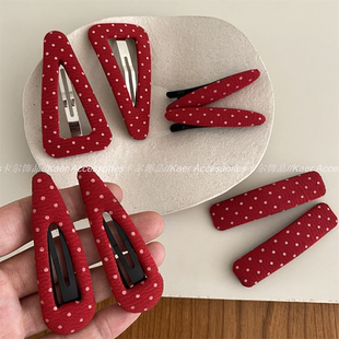 红色波点发夹边夹新款 节日氛围红色布艺水滴长方形BB夹鸭嘴夹 韩版