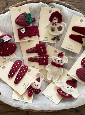 甜美红色刺绣纽扣发夹兔子发卡女前额碎发BB夹边夹新年儿童发饰