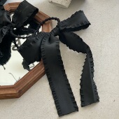 仙女风布艺长款 高级感 黑色荷叶卷边蝴蝶结发圈 飘带发绳马尾皮筋