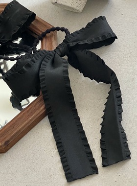 高级感 黑色荷叶卷边蝴蝶结发圈 仙女风布艺长款飘带发绳马尾皮筋