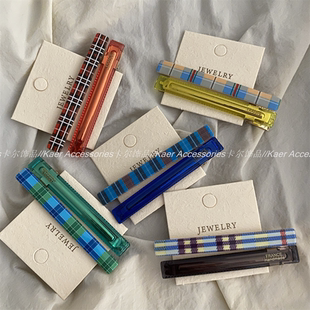 复古红蓝拼格子对夹少女鸭嘴夹高级金边贴片刘海夹甜酷一字发卡