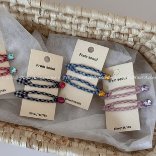 2个装 彩色格纹缠布艺BB夹水钻刘海夹发夹侧边发卡少女心发饰新款