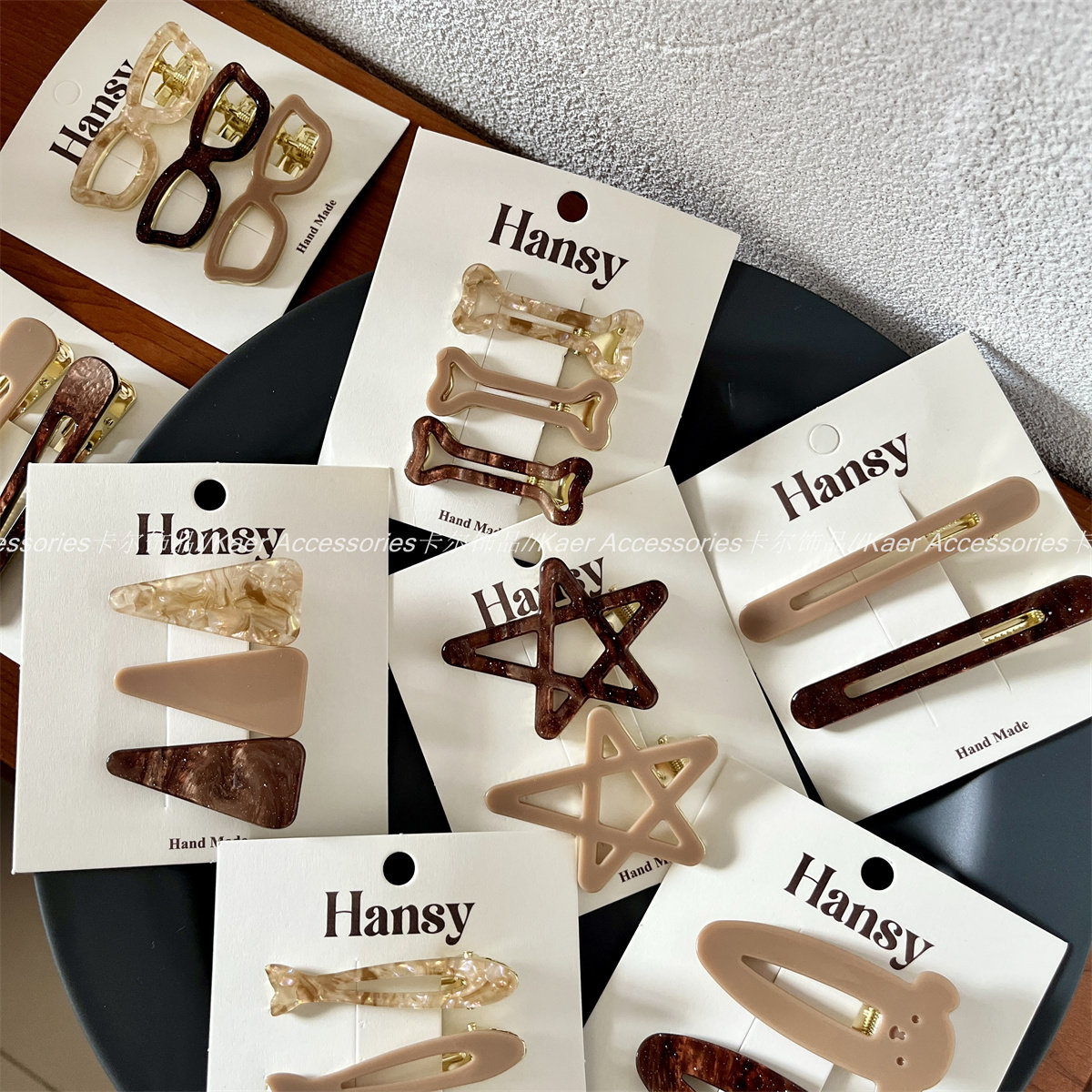 咖色系贴片醋酸侧边发夹套装五角星时尚墨镜鸭嘴夹简约碎发夹子