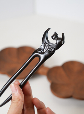 Zang又一雪 小猫和月亮发钗 黑檀木u型簪中式高级感国风日常盘发