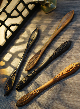 Zang又一雪 缠枝双尖 黑檀木簪中式盘发饰雕花发簪子女古风高级感