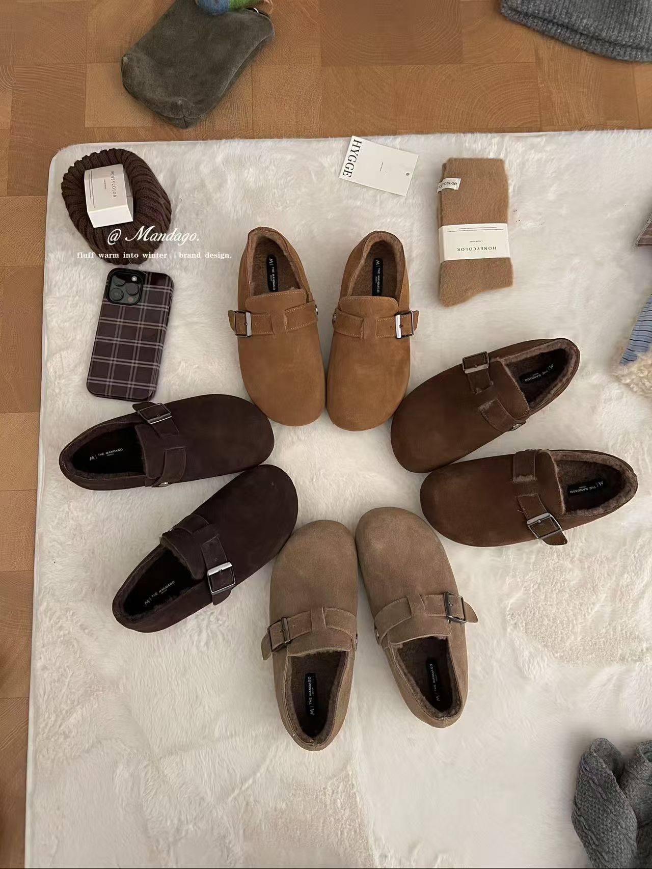 THEMANDAGO芒大果复古磨砂皮加绒勃肯鞋一脚蹬懒人乐福鞋毛毛鞋女