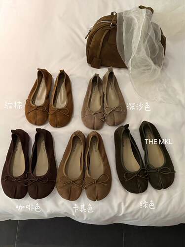 TLEMIKELIN韩系设计感蝴蝶结分趾猪蹄鞋芭蕾舞单鞋绒面平底奶奶鞋