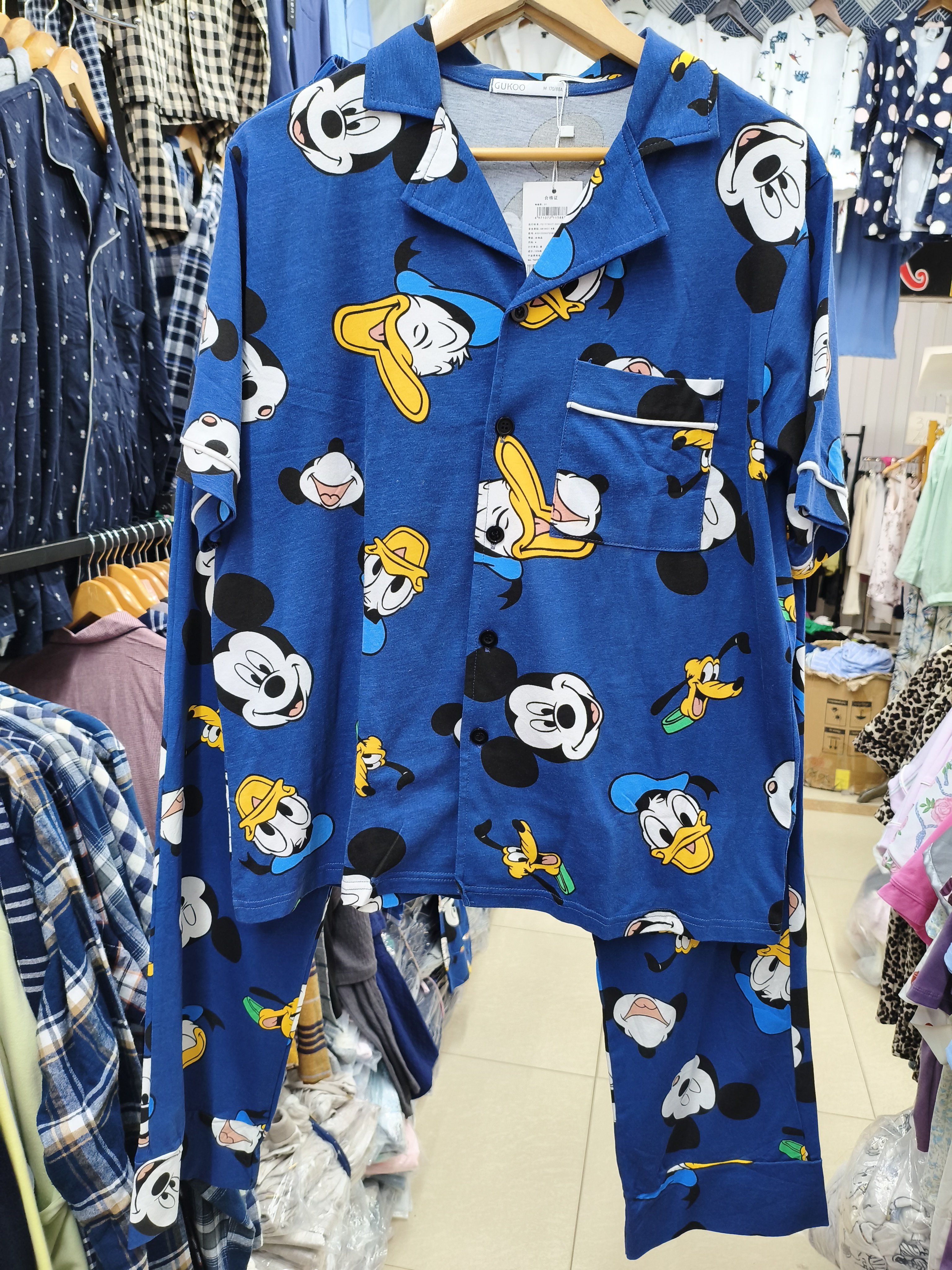 新品针织全棉春秋情侣男女长袖长裤家居服套装卡通蓝色米奇带侧兜