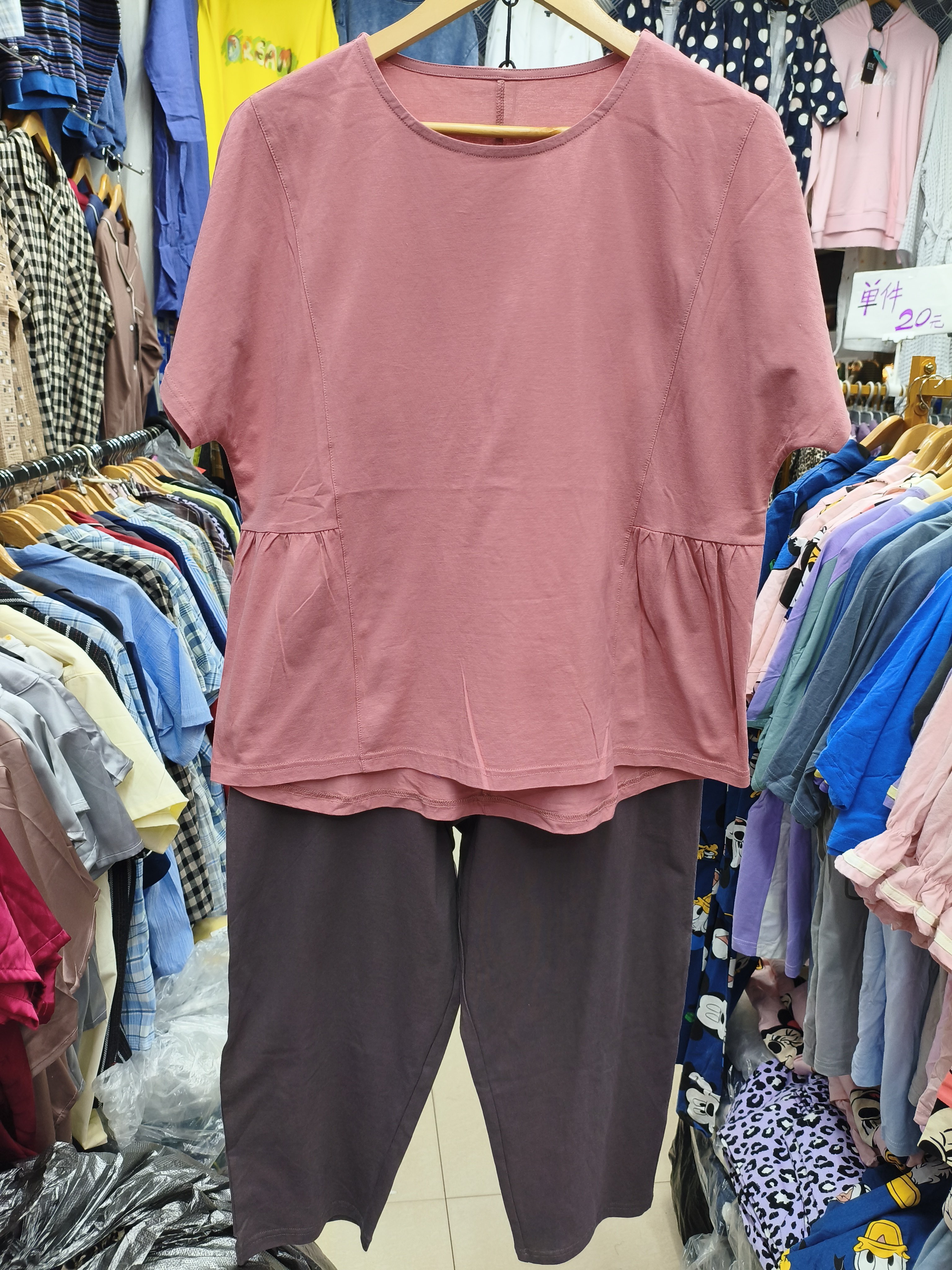 新品日单外贸夏针织新疆棉女短袖九分裤宽松版套头睡衣家居服套装