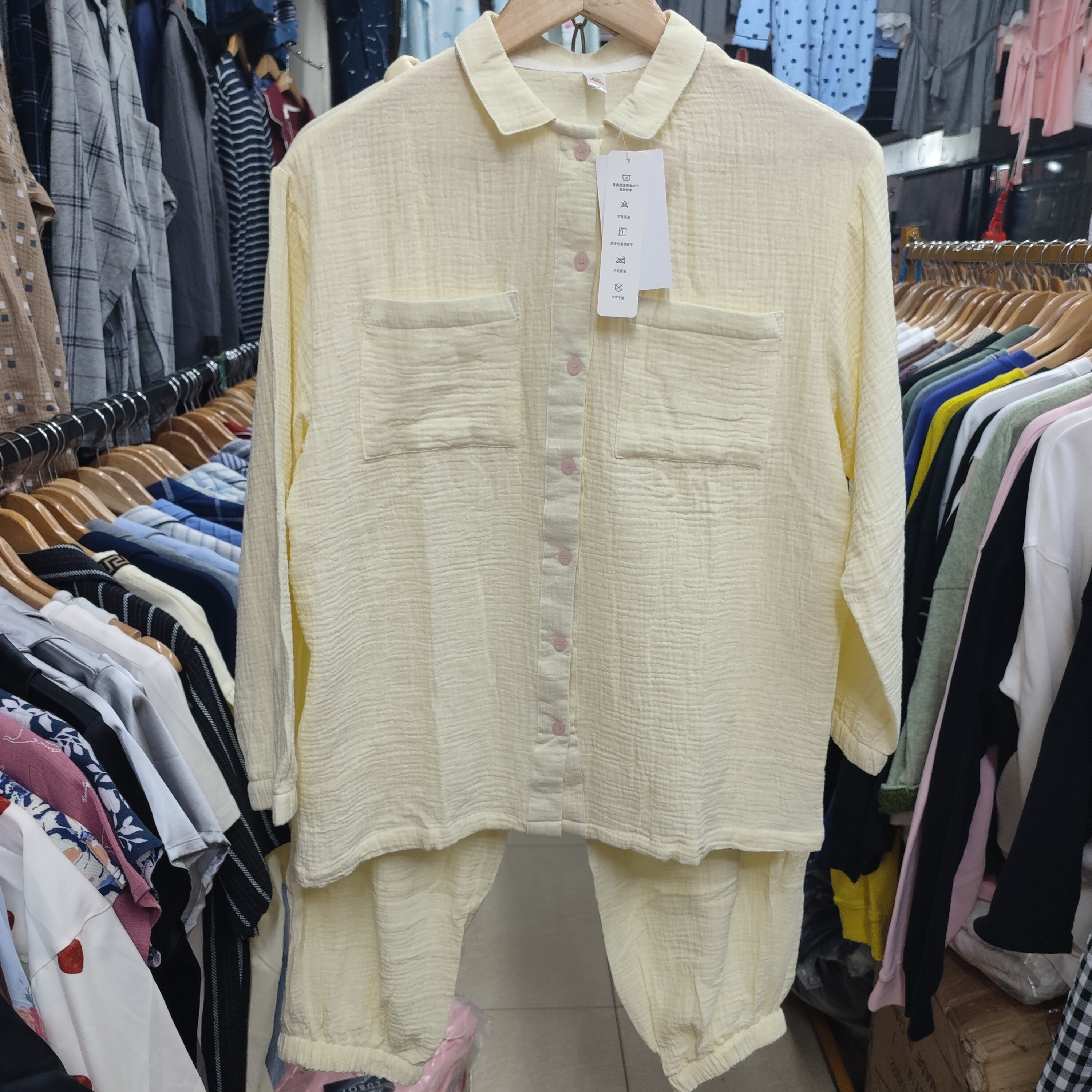 5色入春秋新品双层皱纱糖果色系全棉束口女士睡衣长袖家居服套装