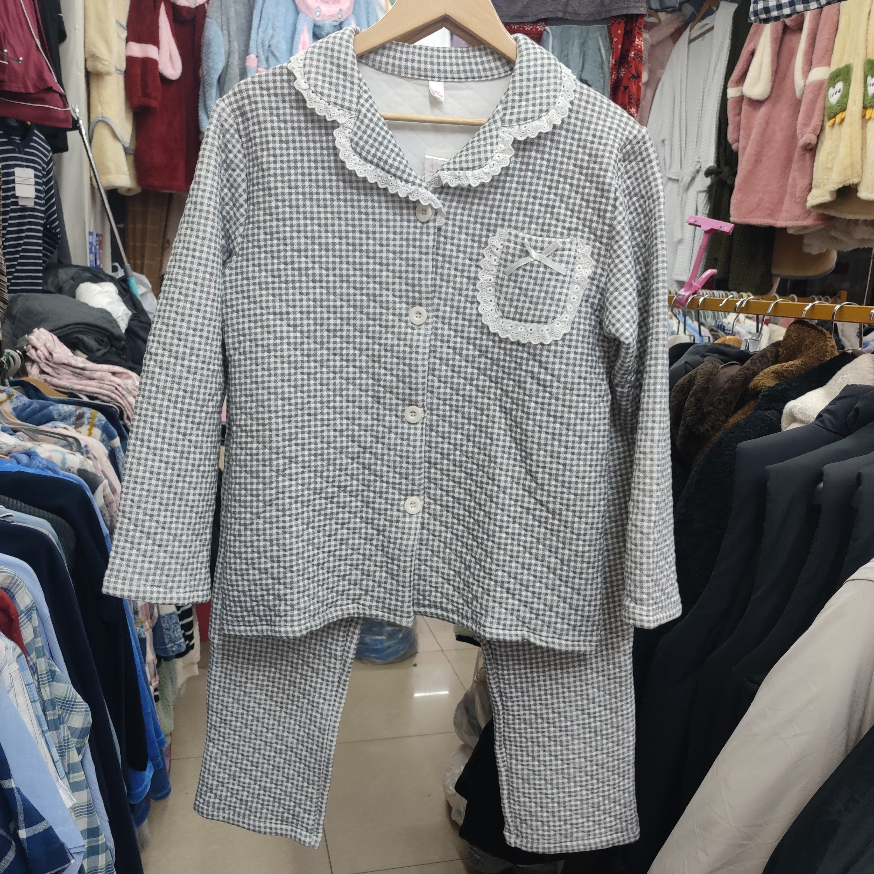 小码清货三层保暖纯棉睡衣女秋冬款长袖长裤格子家居服套装带侧兜