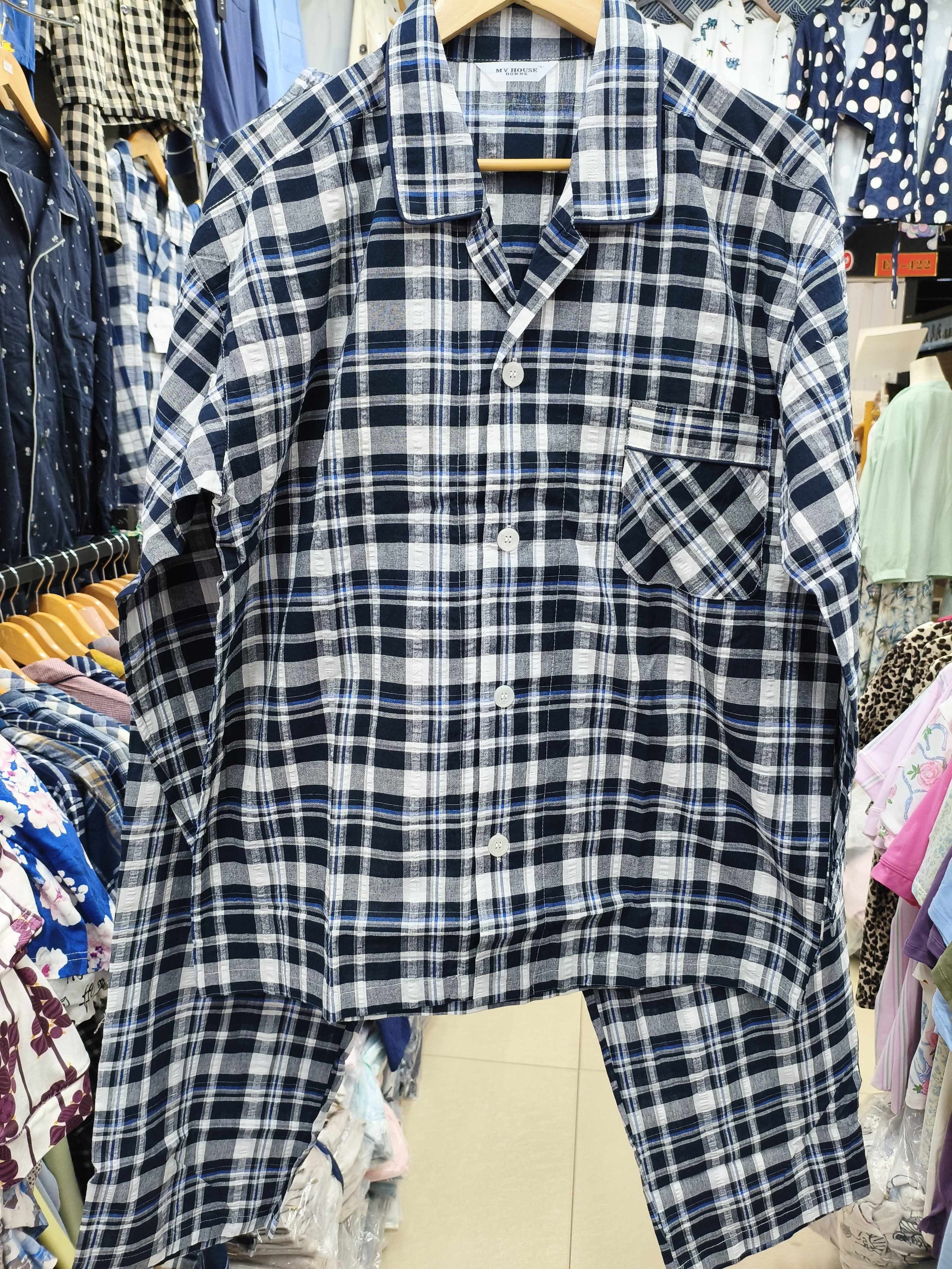 多色入新品春秋泡泡纱全棉男士长袖睡衣家居服套装日单外贸绅士格
