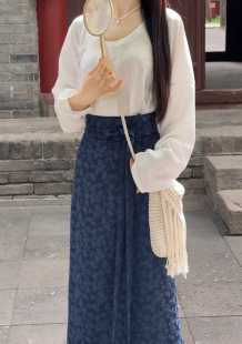 画堂春夜揽星河一片式多省旋裙宋制日常通勤百搭国风套装牛仔提花