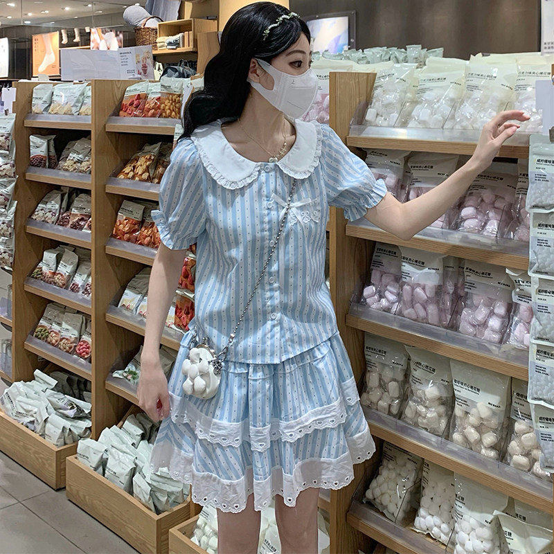 甜美可爱短袖娃娃领衬衫半身裙短款裙子套装女夏