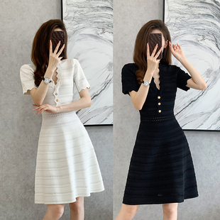 收腰显瘦短袖 连体裙女 新款 名媛气质小香风V领花边冰丝针织裙夏装