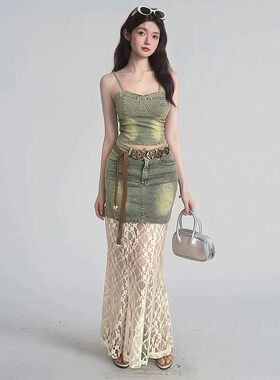 辣妹牛仔两件套装2026纯欲显瘦抹胸吊带上衣女高腰拼接蕾丝半身裙
