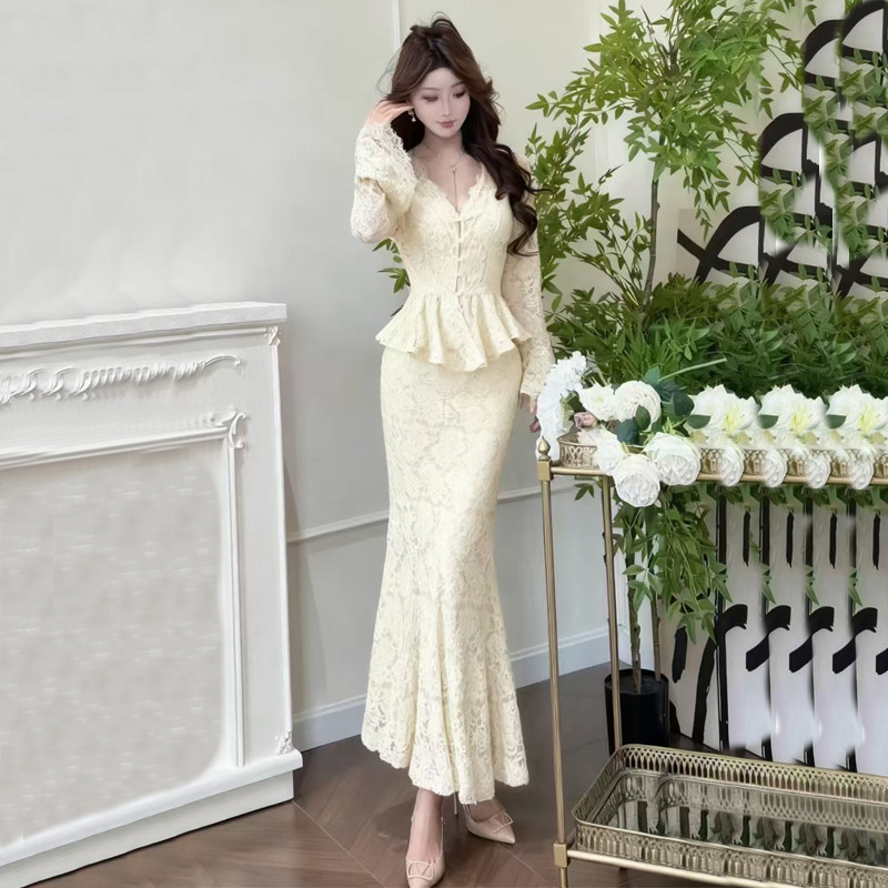 蕾丝上衣修身显瘦长袖内搭高腰包臀鱼尾裙半身裙套装两件套,女装/女士精品,时尚套装,淘宝优惠券,粉丝福利购,淘宝优惠卷